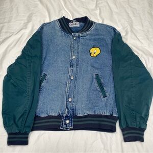 Vintage 90's Tweety Bird Genius varsity denim jacket blue/green Sz L